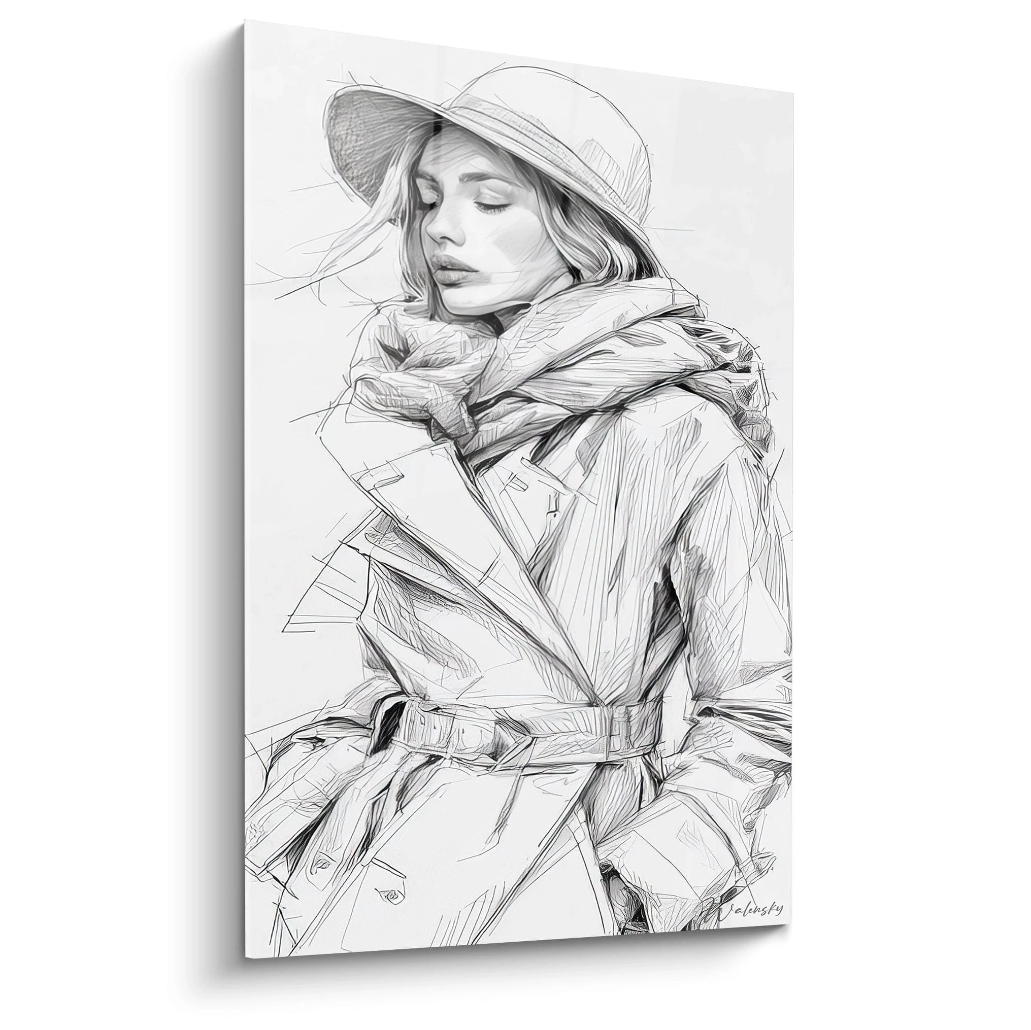 Tableau illustration mode femme en noir et blanc représentant une femme vêtue d'un manteau et chapeau