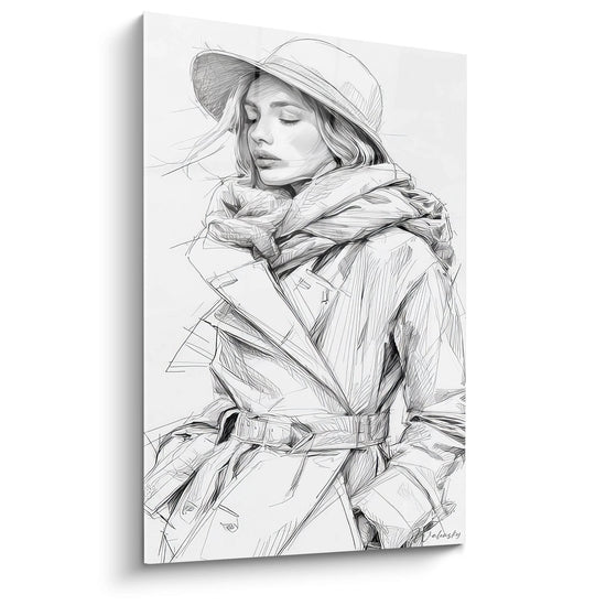 Fashion illustration wall art in black and white featuring a woman wearing a coat and hat