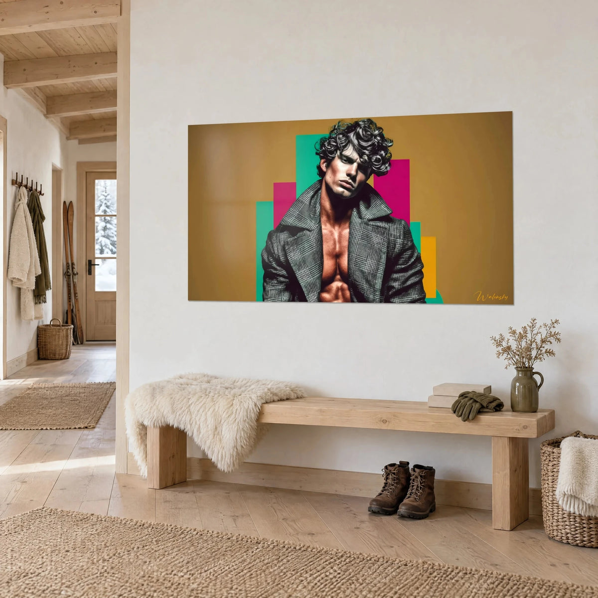 Quadro ritratto maschile a torso nudo sotto un lungo cappotto principe di Galles, campiture fucsia e smeraldo su fondo ocra, vista di tre quarti in uno chalet