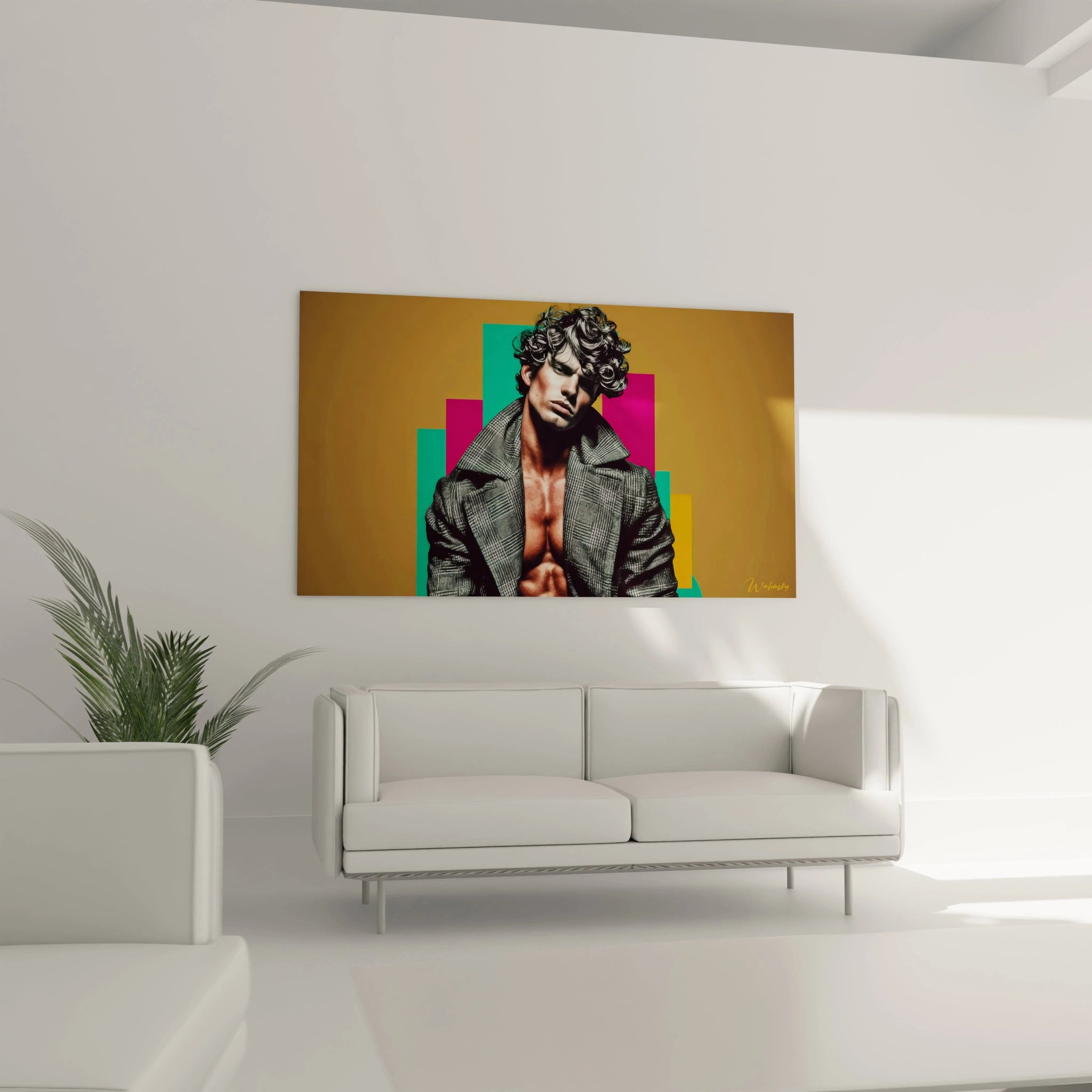 Tableau beauté masculine avec un homme aux cheveux bouclés, vêtu d'une veste élégante sur fond coloré