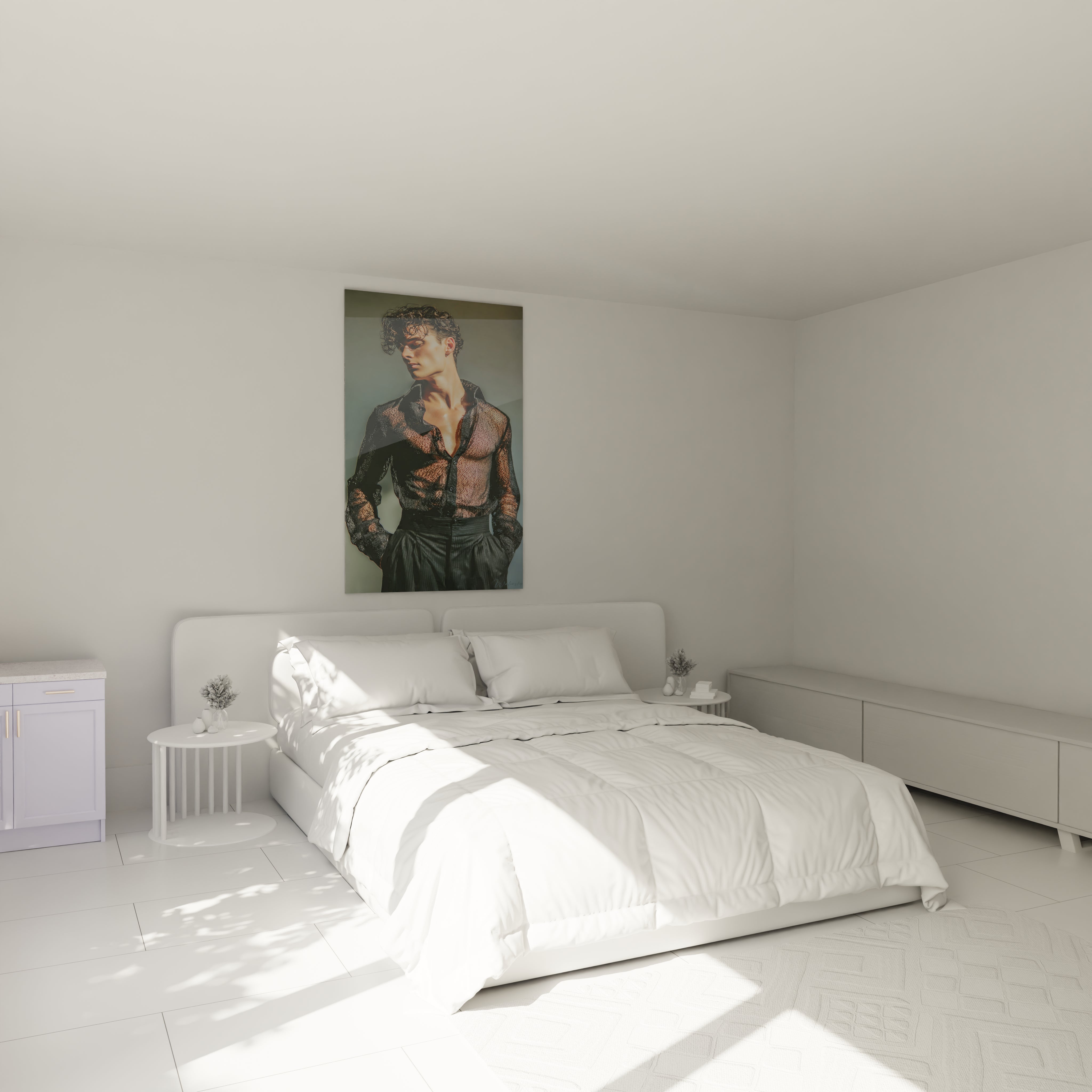 Tableau beauté masculine de Walensky accroché dans une chambre lumineuse avec un lit moderne
