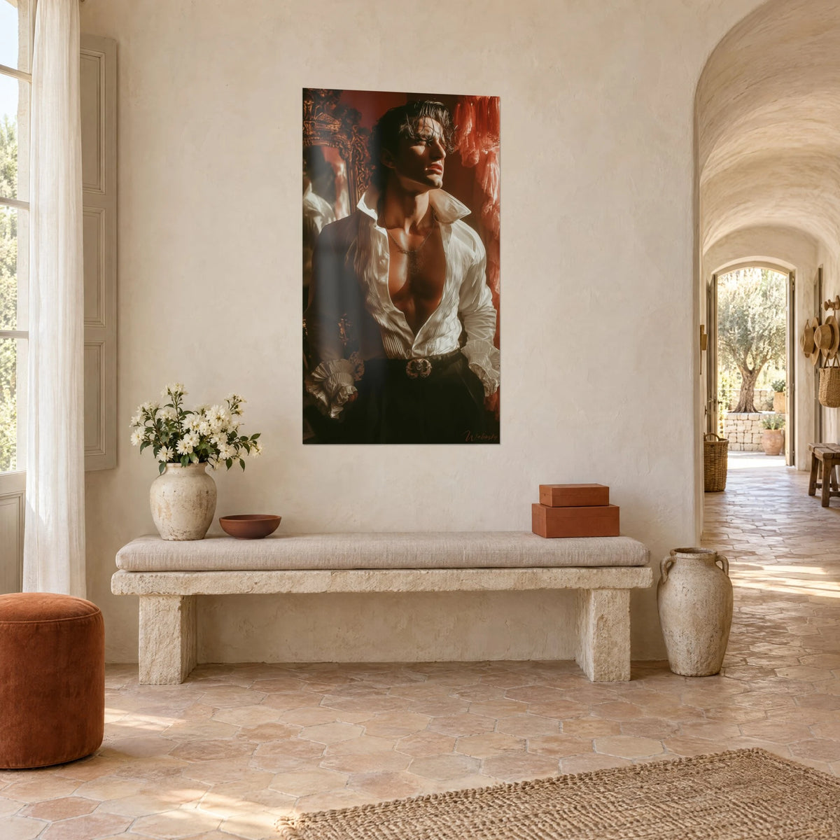 Cuadro retrato masculino, cuello blanco plisado alto, espejo dorado y cortinas coral, en un pasillo abovedado del mas provenzal
