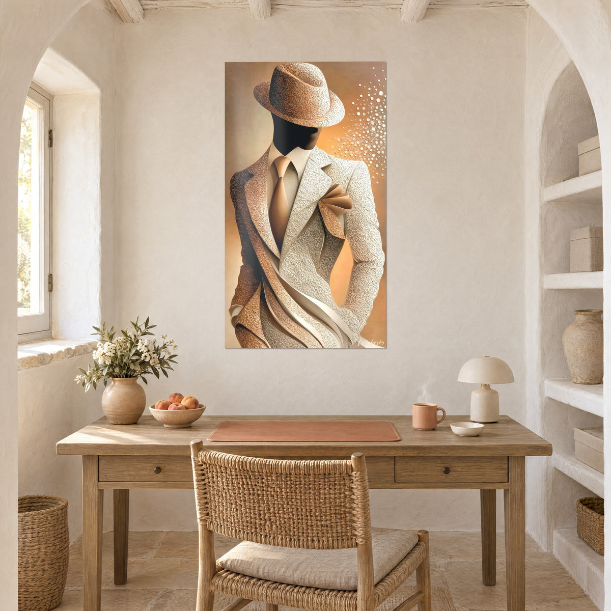 Πίνακας ανδρικής φιγούρας Art Deco, ωχρή γραβάτα και ανάγλυφο σακάκι λευκό σπασμένο, πάνω από ξύλινο γραφείο, θολωτή κόγχη