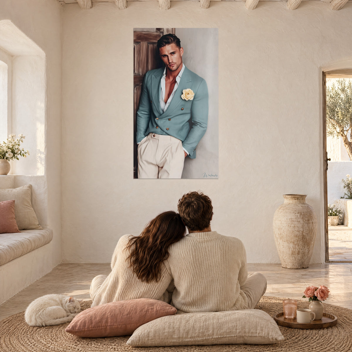 Cuadro joven elegante con blazer turquesa de botones dorados, pantalón beige, rosa pálido, una pareja de espaldas y un gato sobre una alfombra trenzada