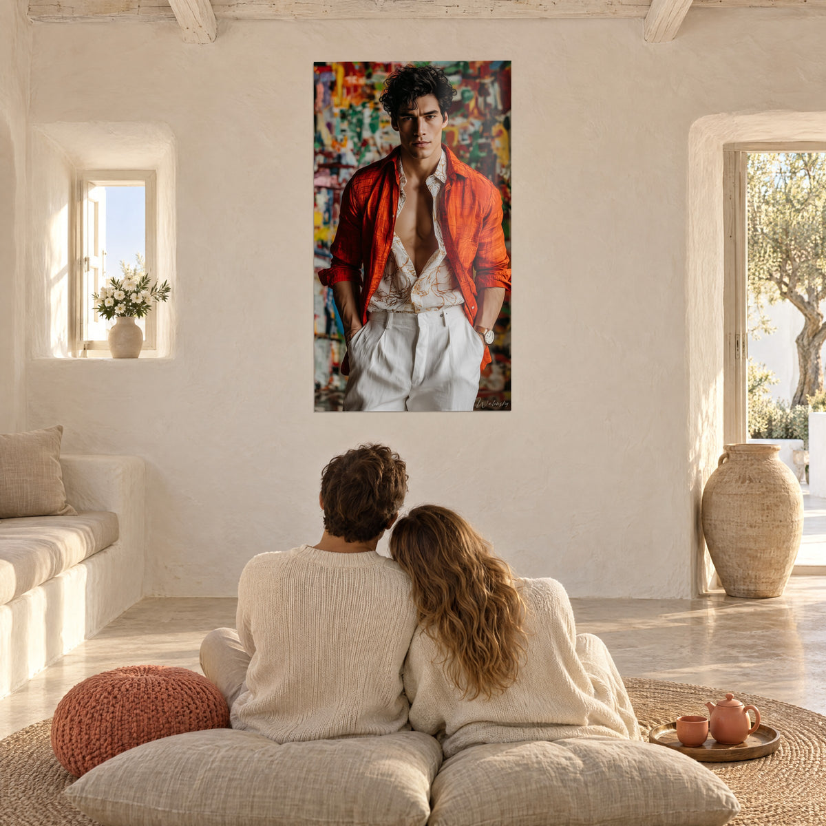 Tableau portrait de mode masculin, chemise orange éclatante sur torse nu, pantalon lin blanc, fond coloré, couple de dos sur des coussins