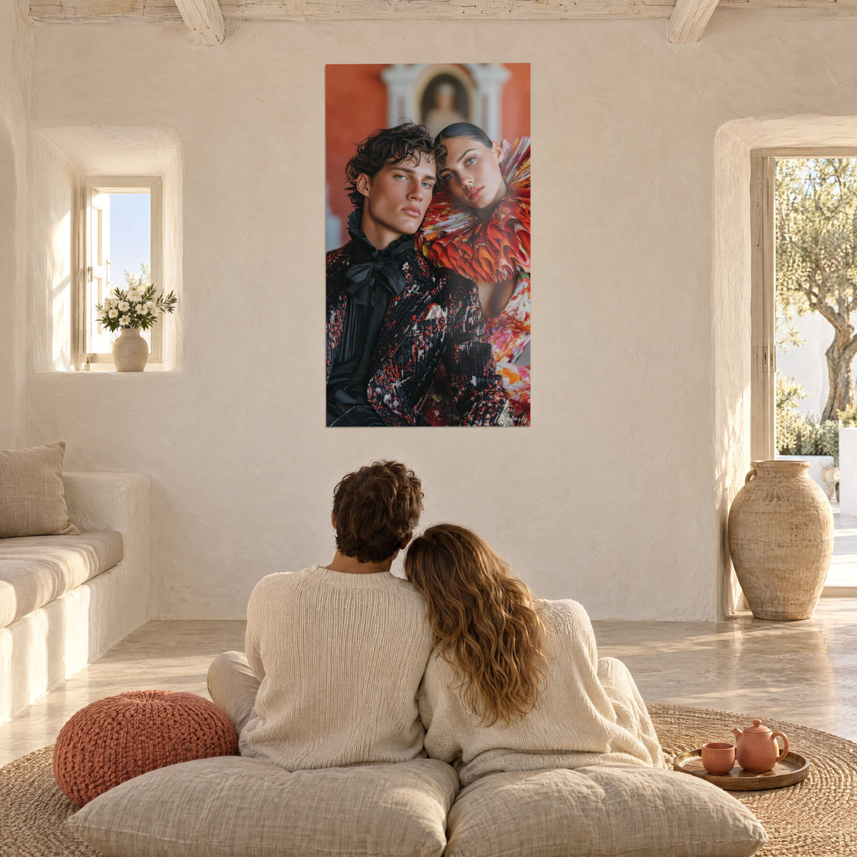 Schilderij dubbel modeportret, zwart jasje met rode spikkels en bloemenjurk met ruches, witgekalkte muur, mooi Mediterraans huis