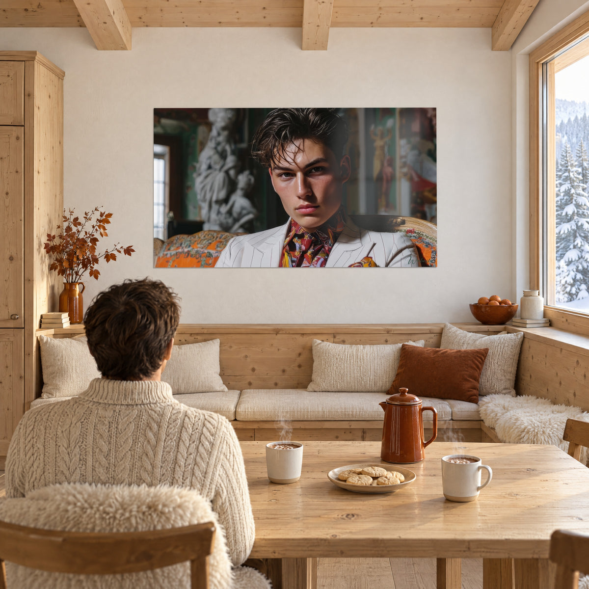 Cuadro de un chico guapo de mirada magnética, sillón dorado de tela naranja floreada, esculturas grises y fondo verde profundo, en una cocina-salón de chalet