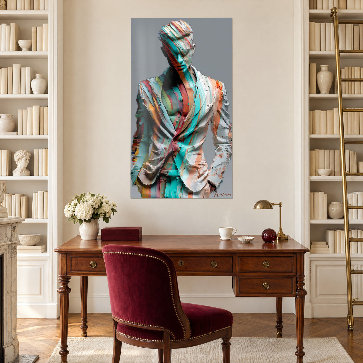 Quadro gentiluomo in abito modellato a spatola, turchese e rosa salmone, sopra una scrivania di mogano e una libreria bianca