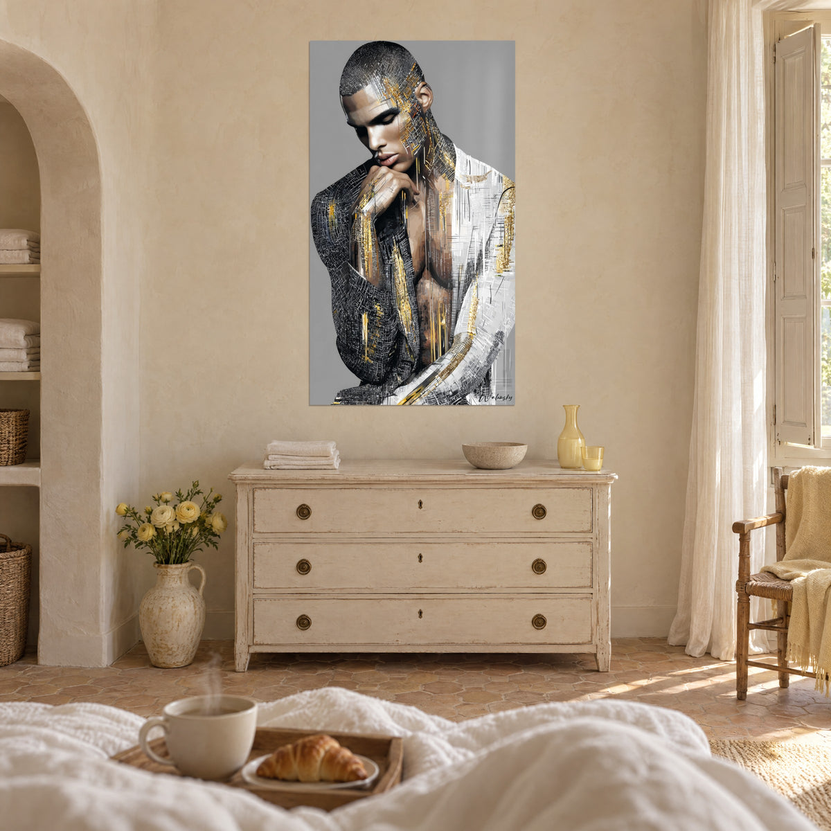 Cuadro de un joven con los párpados bajos, piel cobriza y un mosaico en negro y dorado, colgado encima de una cama en un dormitorio luminoso