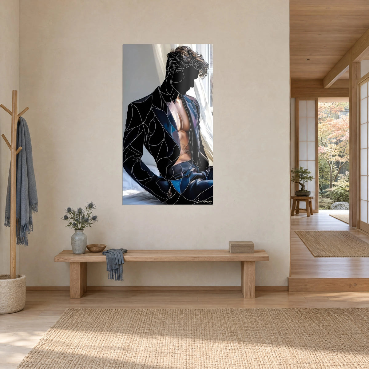 Cuadro retrato masculino de rizos castaños, silueta negra delineada con filetes blancos, forro azul noche, pared beige japandi