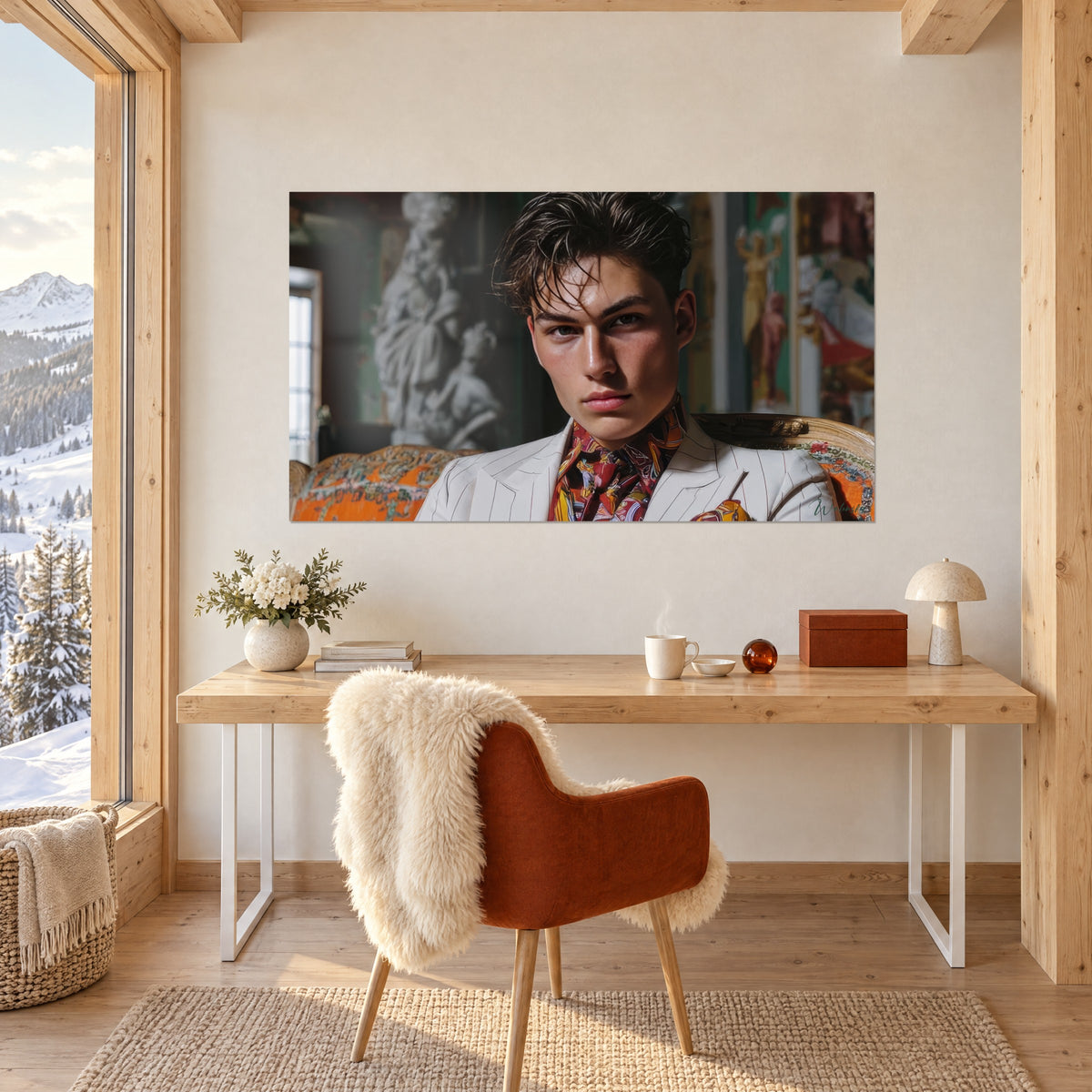 Cuadro de un efebo moreno con chaqueta crema de finas rayas, pechera estampada en rojo y amarillo, decoración barroca verde y naranja, sobre un escritorio de madera