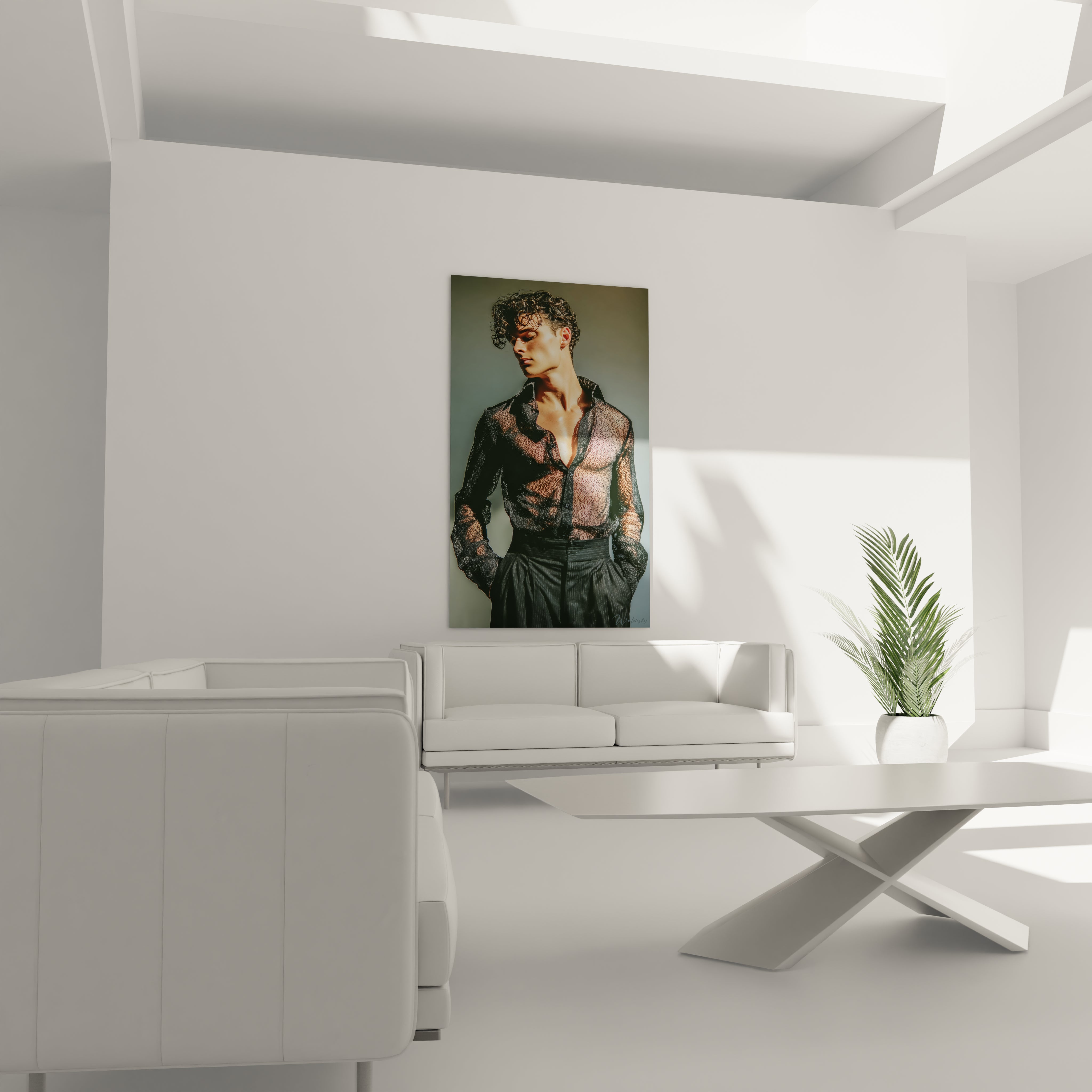 Tableau beauté masculine de Walensky représentant un homme en chemise transparente dans un salon moderne