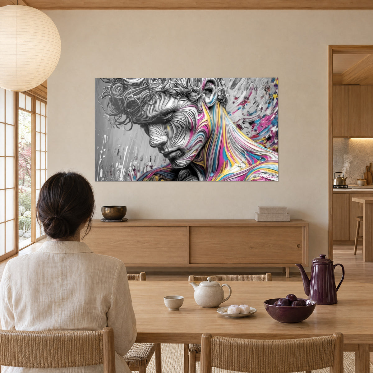 Cuadro hombre con los ojos cerrados, rizos negros y blancos, pintura rosa y azul que resbala, frente a una mujer de espaldas en una mesa