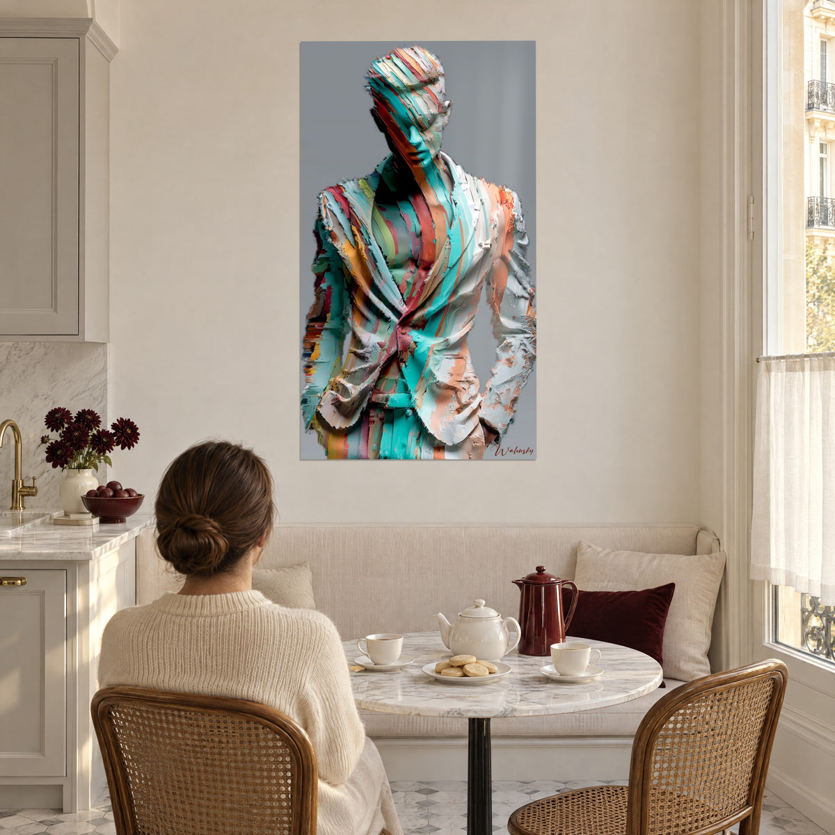 Quadro ritratto elegante in rilievo di giacca corallo e turchese, parete color crema, angolo cucina soleggiato, donna seduta al tavolo con il tè