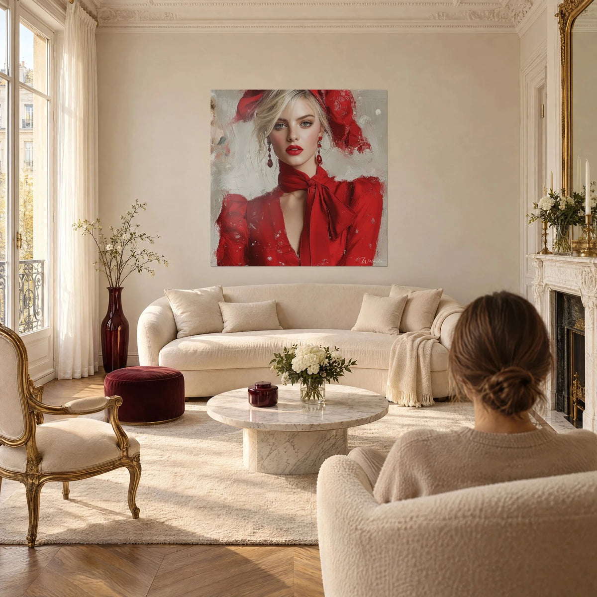Gemälde junge Blondine mit karminroten Lippen, scharlachrote Schleife und rotes Kleid, grau strukturierte Malerei über einem Sofa in einem hellen Wohnzimmer