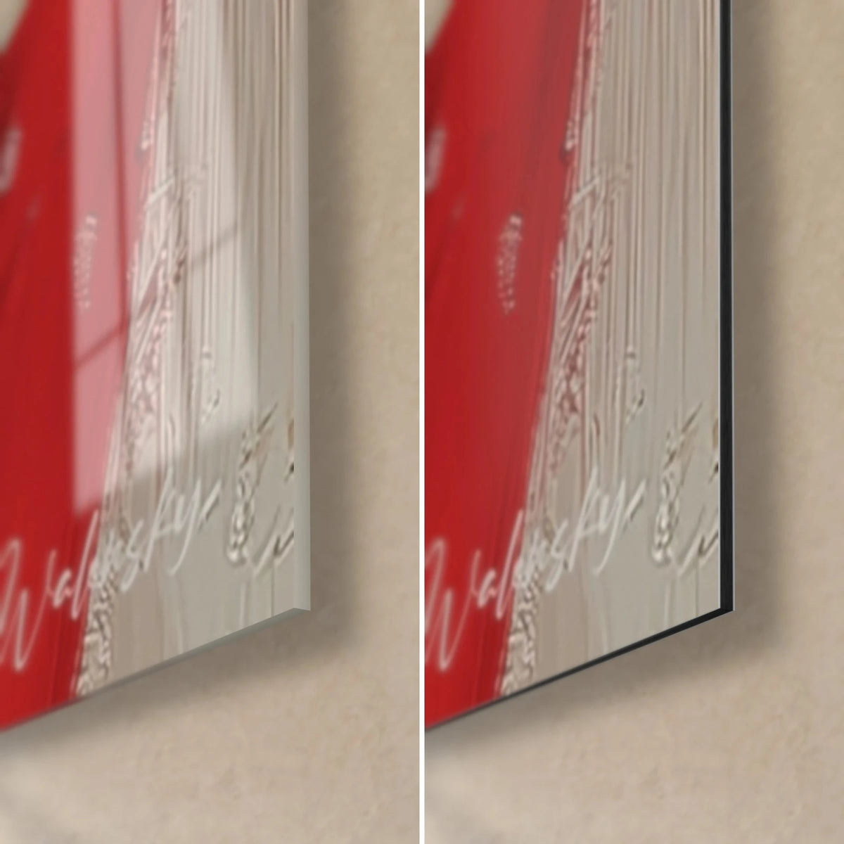 Gemälde blonde Modell im roten Kleid, untere rechte Ecke: glänzendes Acrylglas links, mattes Dibond rechts, 3 mm Kante
