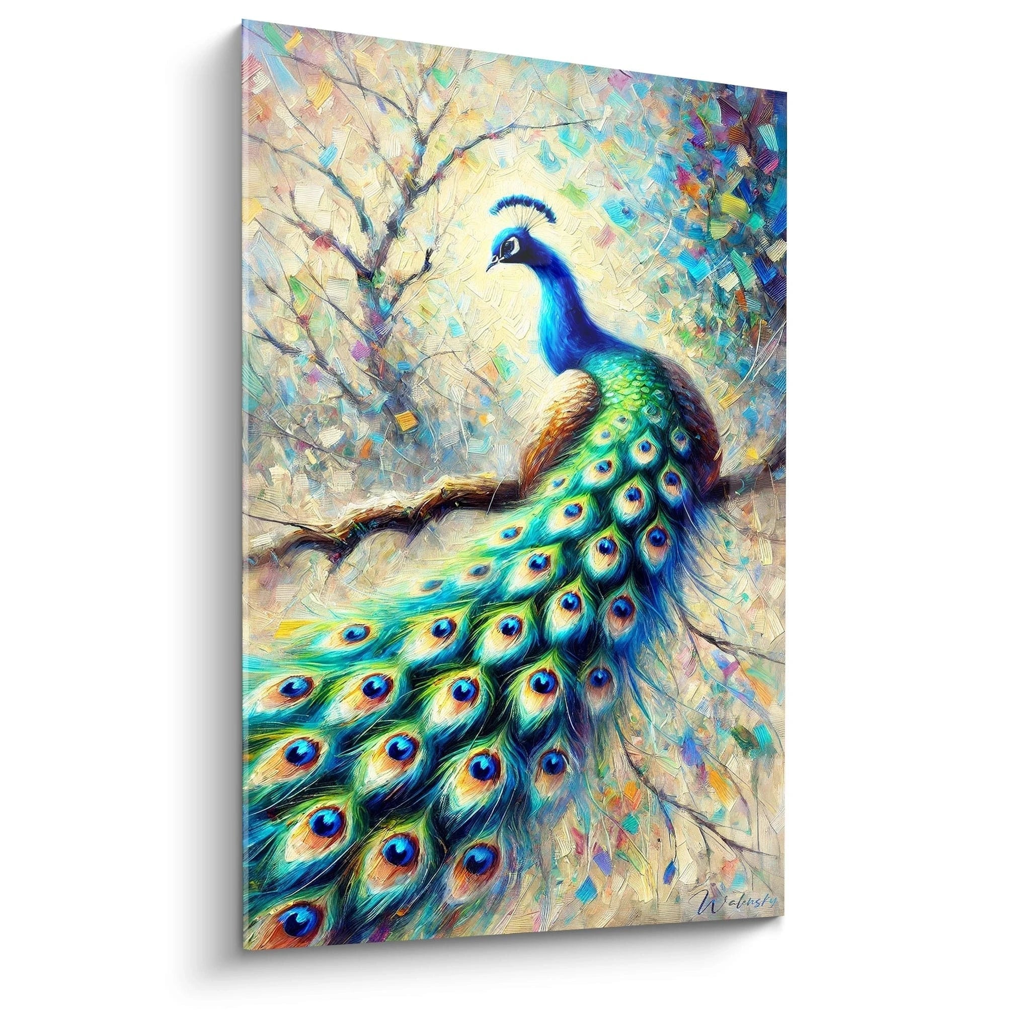 Ce tableau paon, vu de biais, dévoile ses nuances éclatantes de bleu, vert et or. Les motifs abstraits et le plumage détaillé en font une œuvre d’art captivante pour toute décoration intérieure moderne.