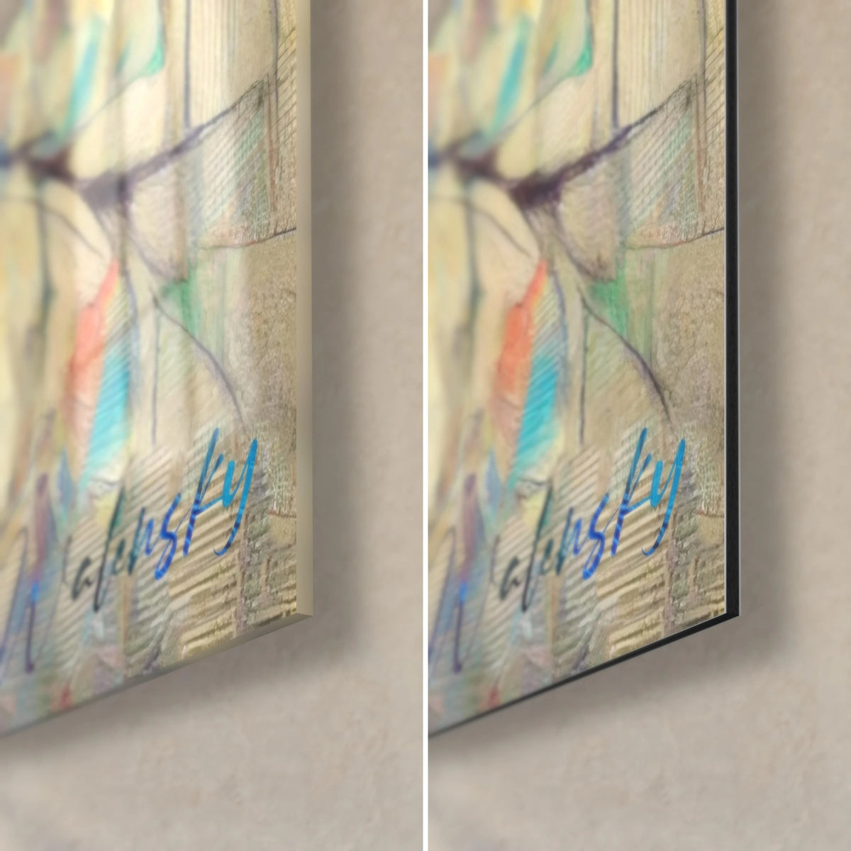 Schilderij pauwenveren in dikke impasto-penseelstreken, rechtsonder: glanzend glas links, mat Dibond-aluminium rechts