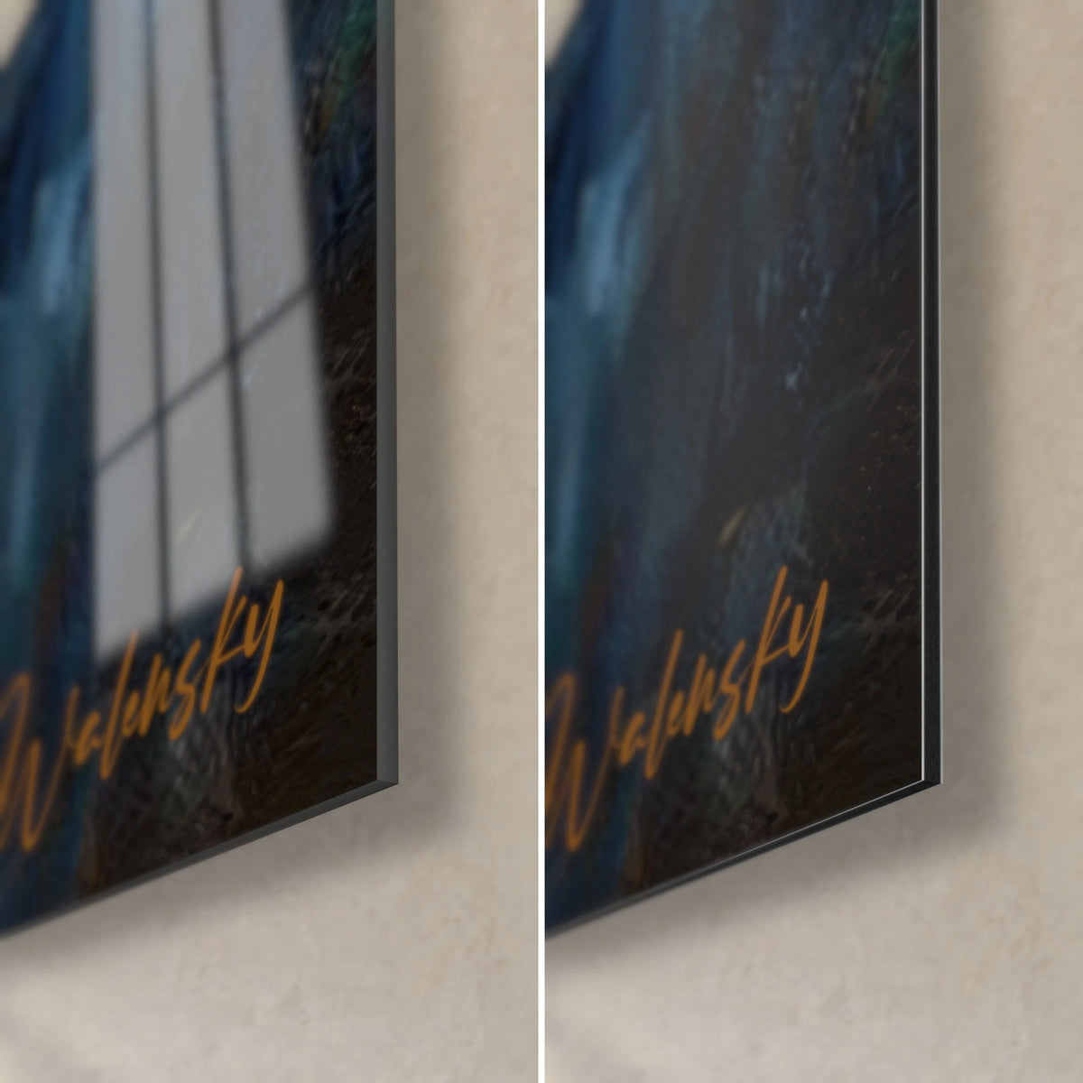 Πίνακας πορτρέτο γυναίκας με γυμνή πλάτη, κάτω δεξιά γωνία: γυαλιστερό ακρυλικό γυαλί μπλε του ναυτικού αριστερά, ματ αλουμίνιο Dibond δεξιά, πάχος 3 mm