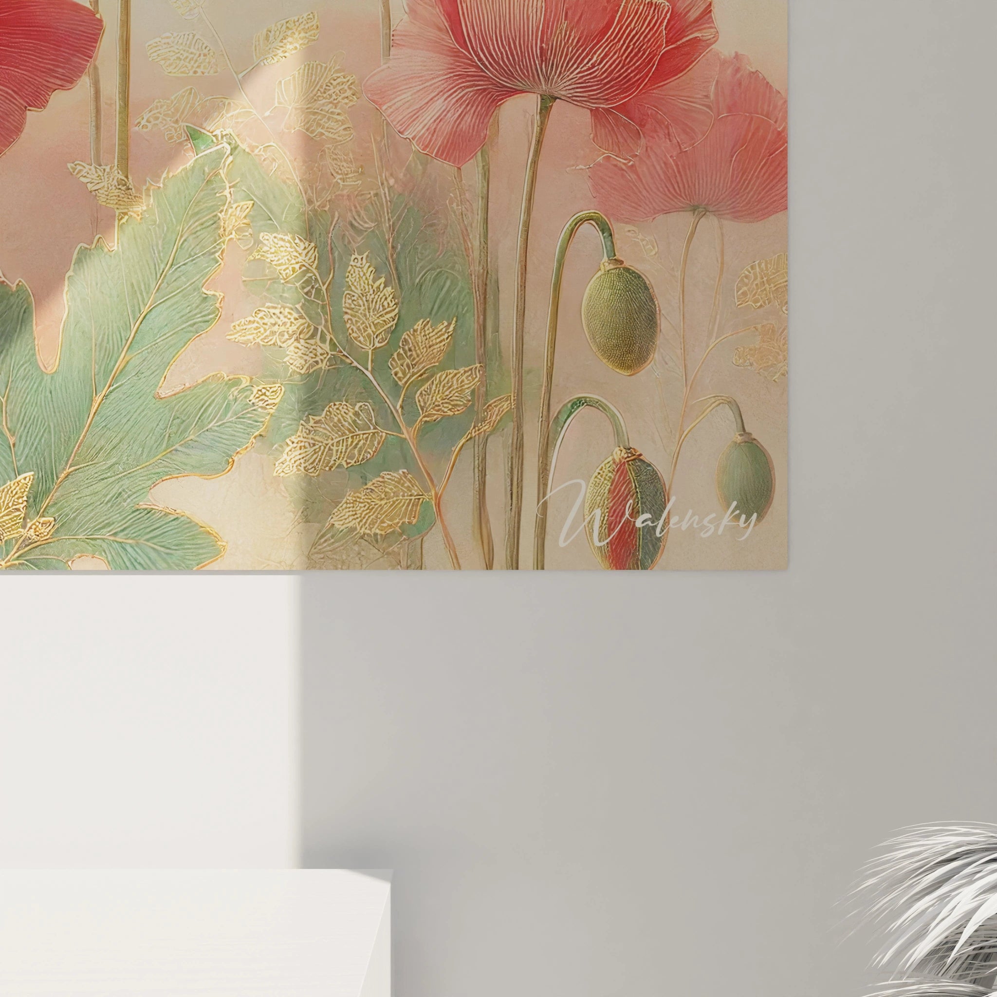 Gros plan du tableau Champs de Fleurs, révélant les détails des pétales et nuances dorées sous la lumière. Chaque trait incarne l'élégance et la simplicité de la nature






