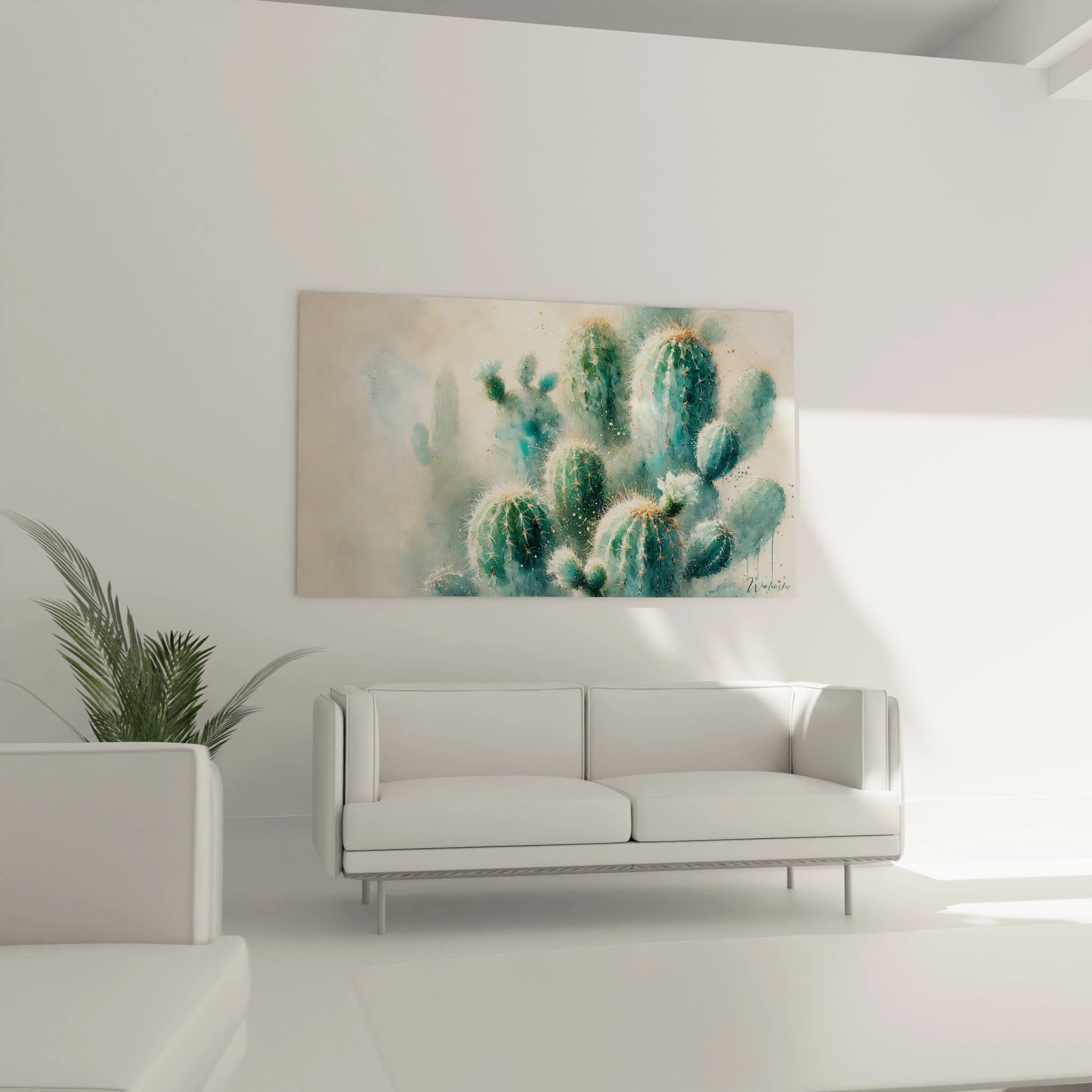 Tableau Cactus dans un salon au-dessus du canapé, attirant le regard par son équilibre entre nature et abstraction. Les tons doux apportent une touche méditative et élégante à votre décoration.

