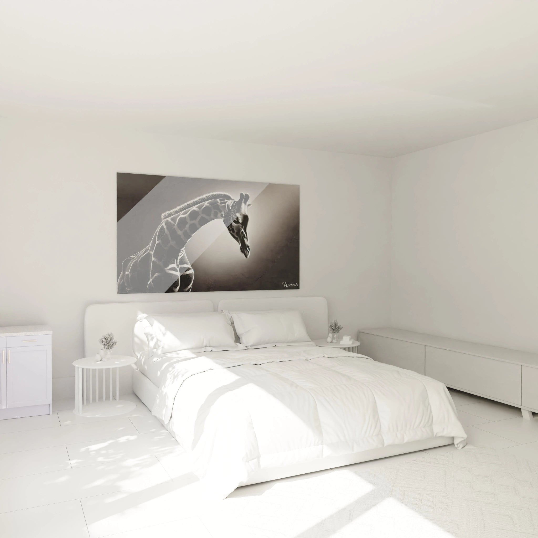 Le tableau girafe accroché au-dessus du lit dans cette chambre apporte une touche d'élégance et de calme. Son fond monochrome et ses détails précis s’intègrent harmonieusement dans un décor moderne.

