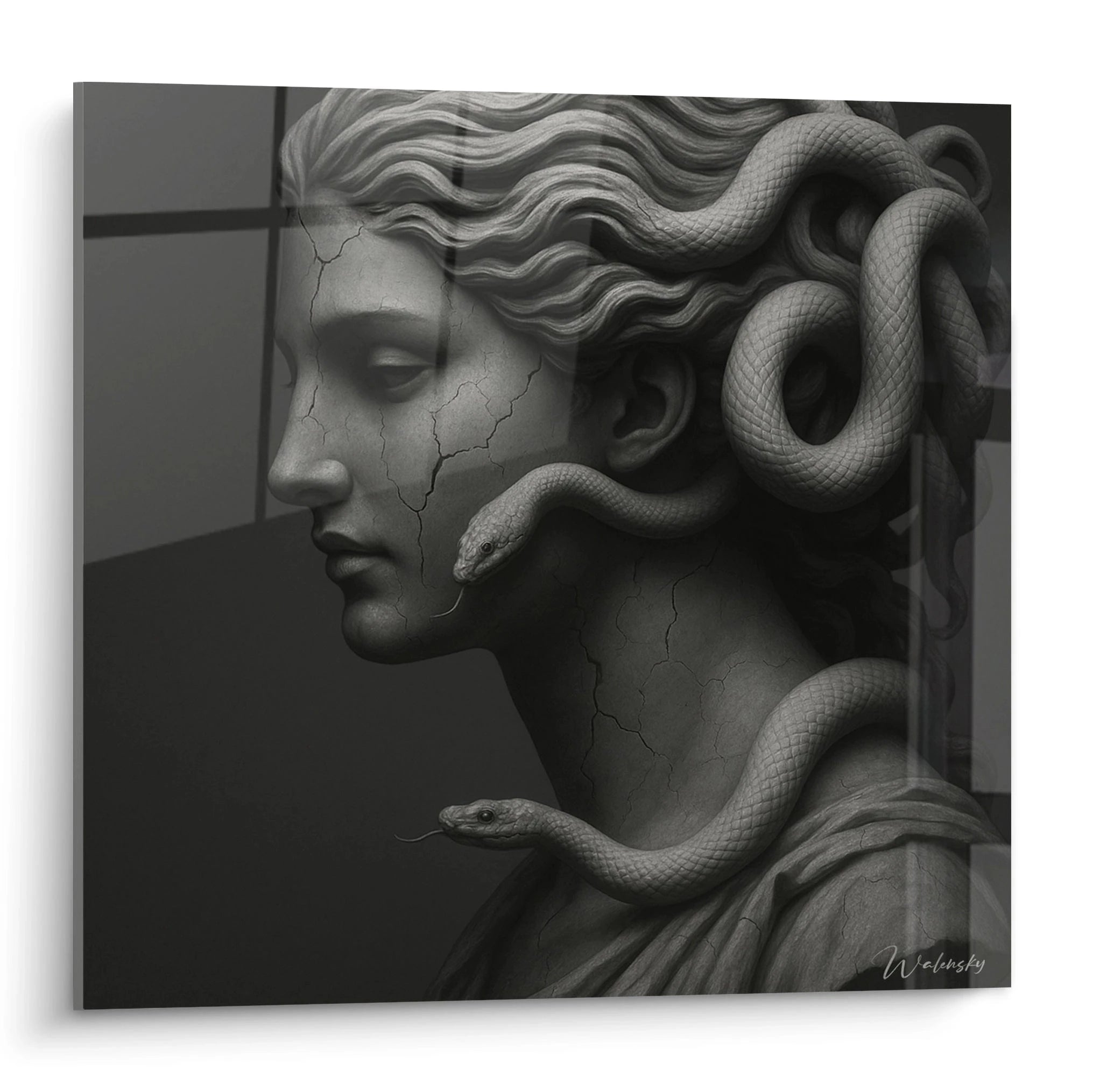 Un tableau artistique représentant une Méduse en profil, sculptée comme une statue craquelée, avec des serpents entrelacés dans ses cheveux ondulés. Les tons gris, blancs et noirs créent un effet monochrome dramatique, accentuant les textures de pierre fissurée.
