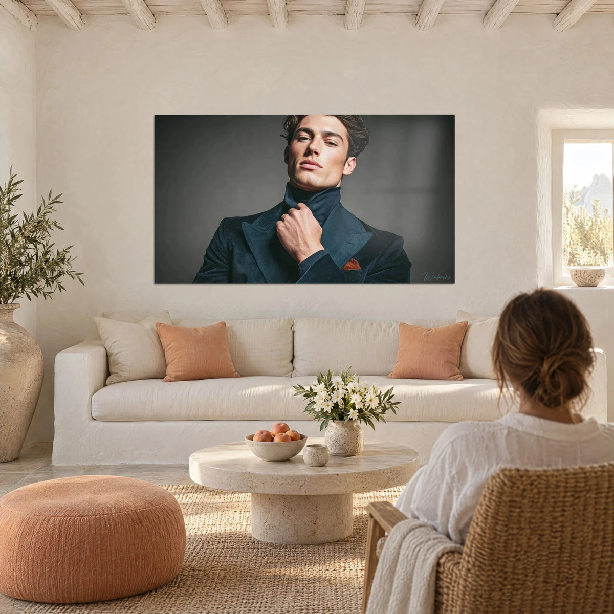 Wall art young man with a haughty gaze, midnight blue velvet jacket against a grey background, bright living room, above a sofa in a sunlit lounge