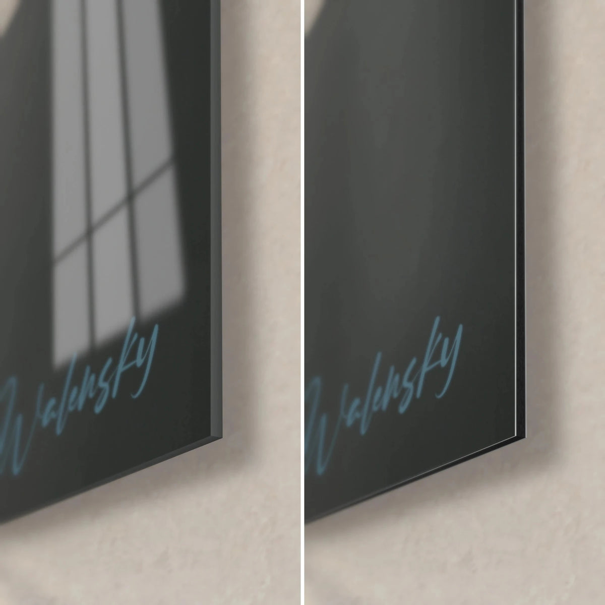Wall art male portrait in a midnight blue jacket, bottom right corner: glossy acrylic glass on the left, matte black Dibond on the right, 3 mm edge