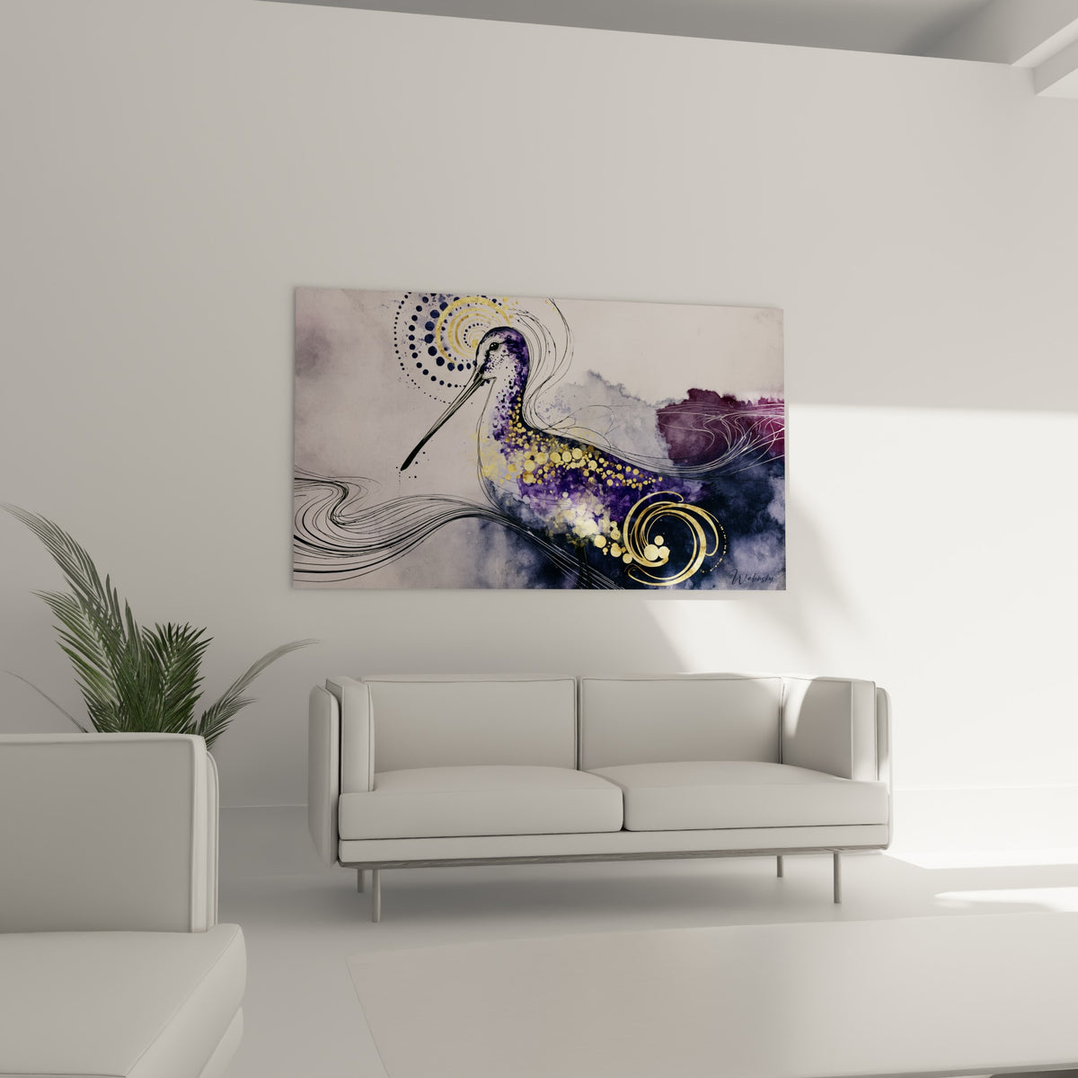 Oiseau échassier stylisé en violet et or, entouré de cercles dorés, au-dessus d'un canapé dans un salon lumineux