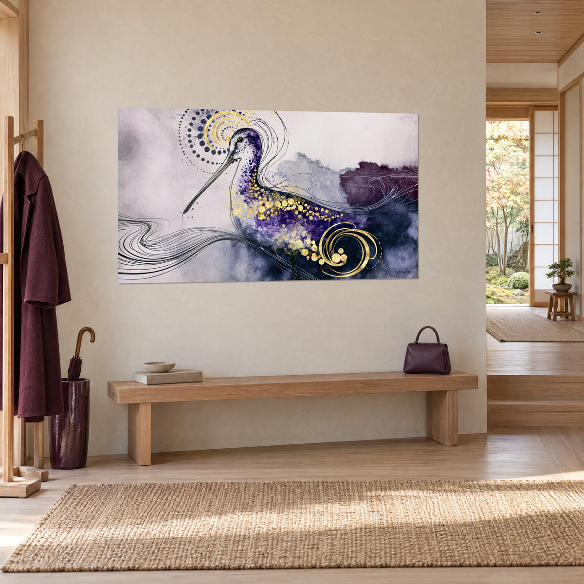 Gemälde Stelzvogel in Purpur mit goldenen Schnörkeln, Halo aus indigofarbenen Punkten, dreiviertel Ansicht an einer cremefarbenen Wand, Japandi-Eingang mit Holzbank