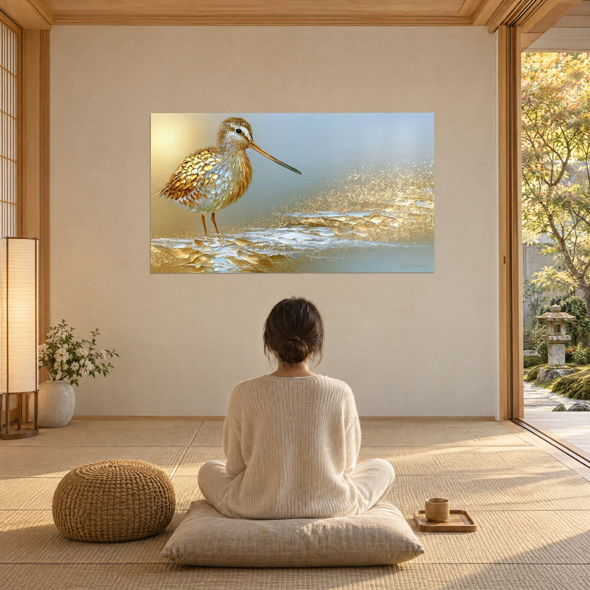 Quadro uccello dorato eretto sulle zampe sottili, schiuma oro e bianca su sfumatura azzurra, osservato da una donna di spalle seduta su un cuscino