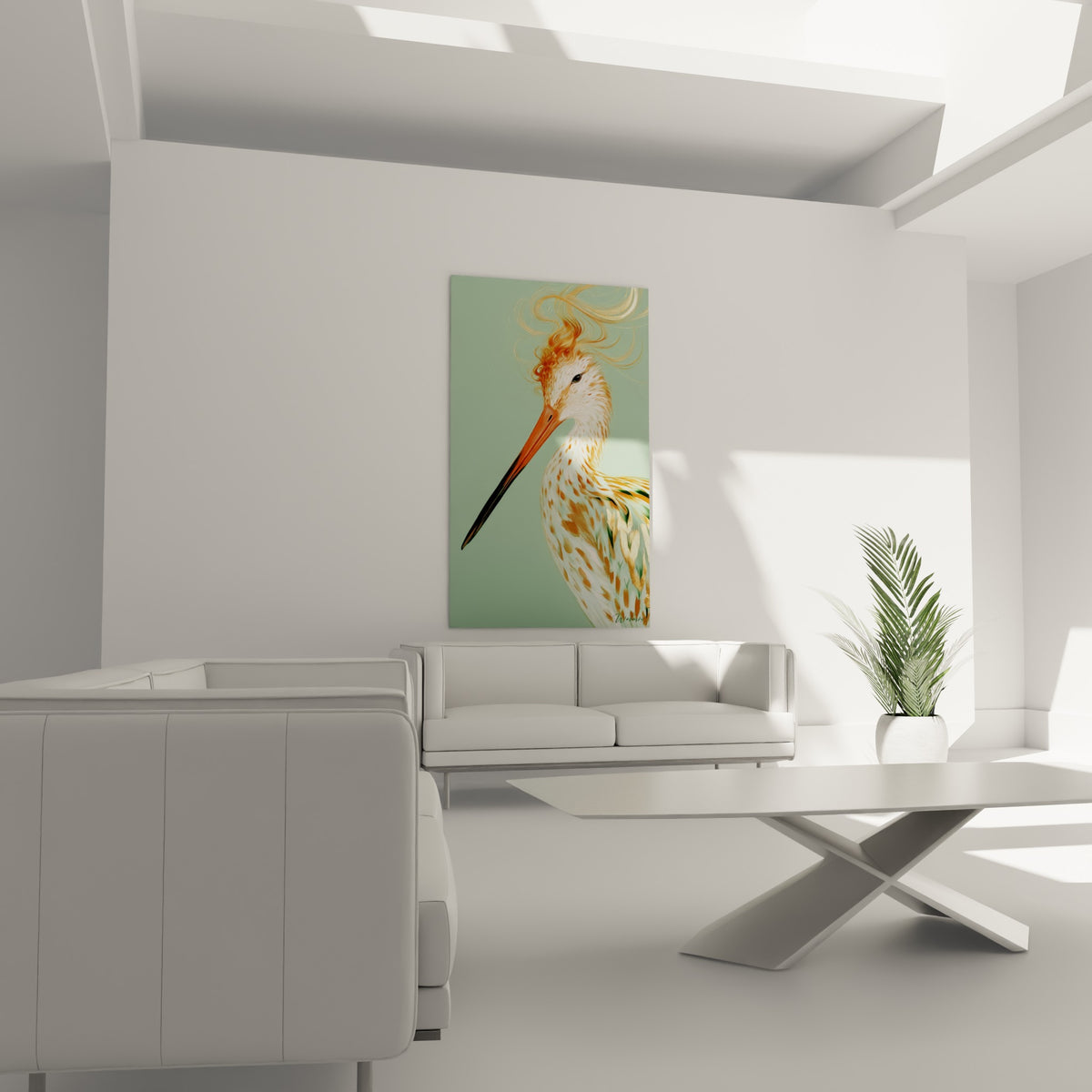 Oiseau échassier au plumage moucheté ocre et blanc, crête rousse flamboyante, au-dessus d'un canapé dans un salon lumineux