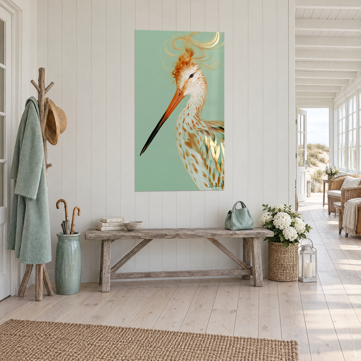 Wall art shorebird with copper-feathered crest, orange bill and sea-green background, in a coastal house hallway