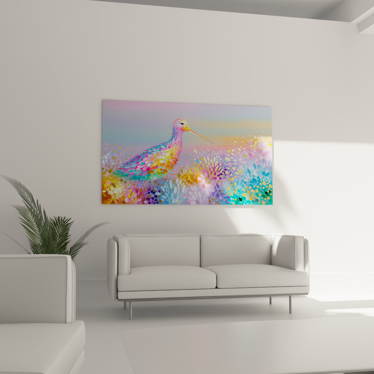 Silhouette de bécasse rose et bleue parmi des fleurs dorées au-dessus d'un canapé dans un salon lumineux