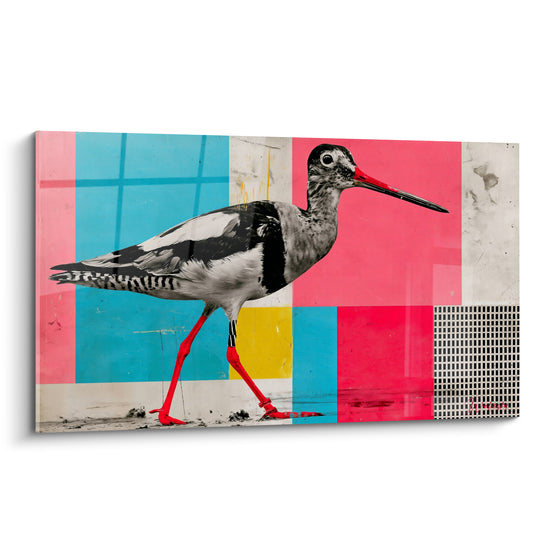 Tableau Bécasse échassier bec rouge patchwork coloré - Marche graphique - Edition Bécasse