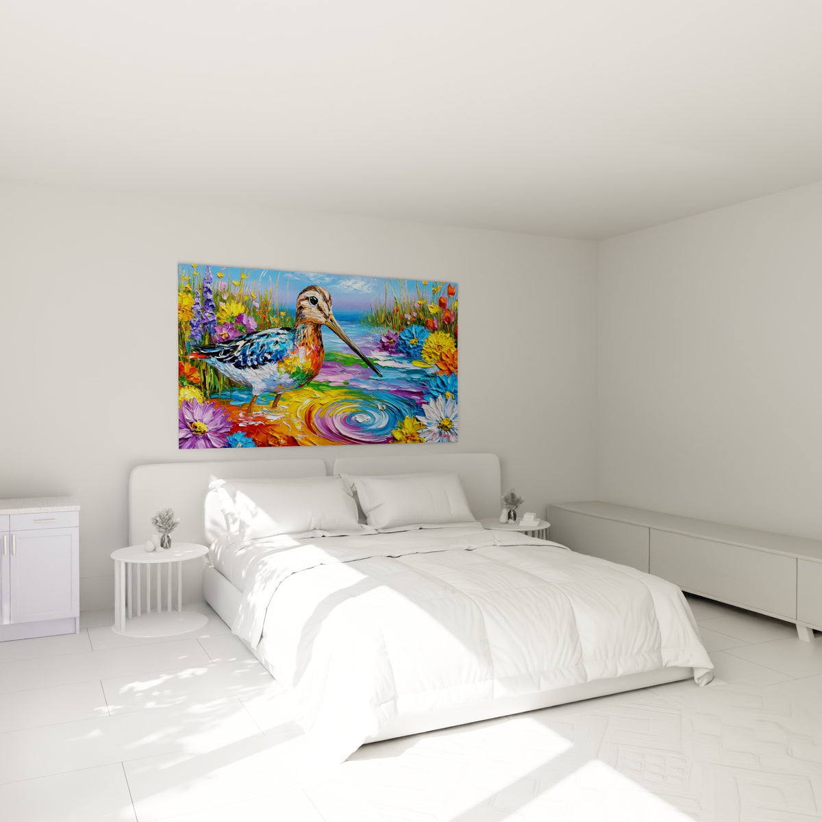 Échassier coloré aux reflets bleu ardoise et orange, peint au-dessus d'un lit dans une chambre claire