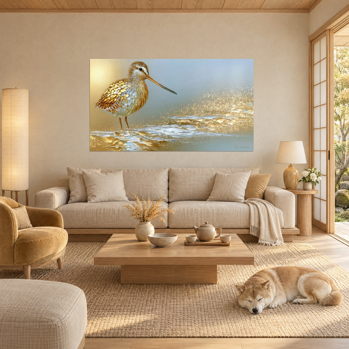 Quadro beccaccia dal becco lungo e sottile, piumaggio oro e avorio su sfondo azzurro pastello, sopra un divano in un soggiorno luminoso