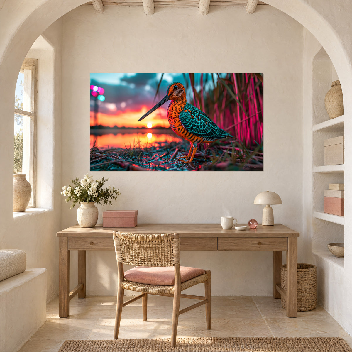 Quadro trampoliere dal dorso squamato turchese, petto arancio punteggiato, sfondo magenta e rosa, appeso sopra una scrivania in legno