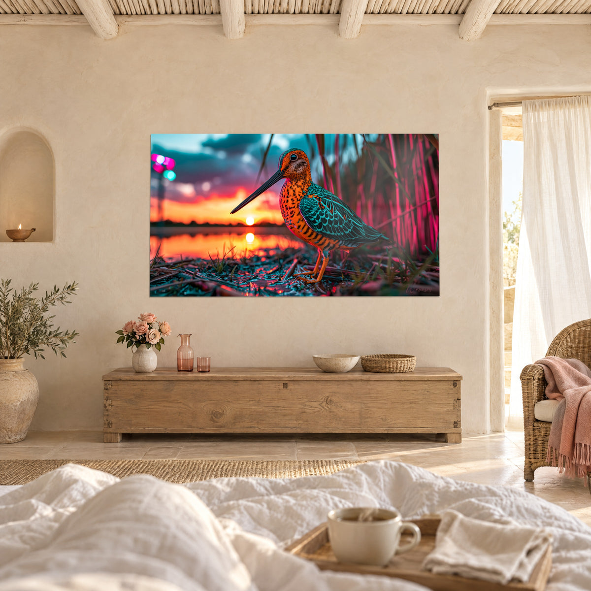 Quadro beccaccia dal becco sottile e petto maculato d'arancio, cielo rosa e azzurro al crepuscolo, sopra un letto in una camera luminosa