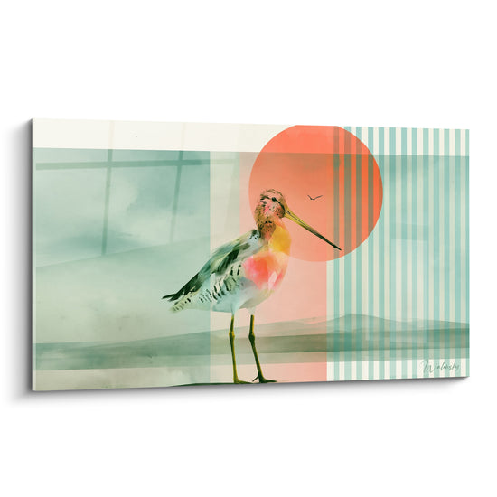 Tableau Bécasse au long bec devant soleil corail - Aube sur le rivage - Edition Bécasse