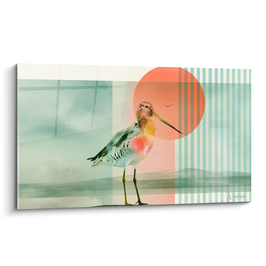 Tableau Bécasse au long bec devant soleil corail - Aube sur le rivage - Edition Bécasse
