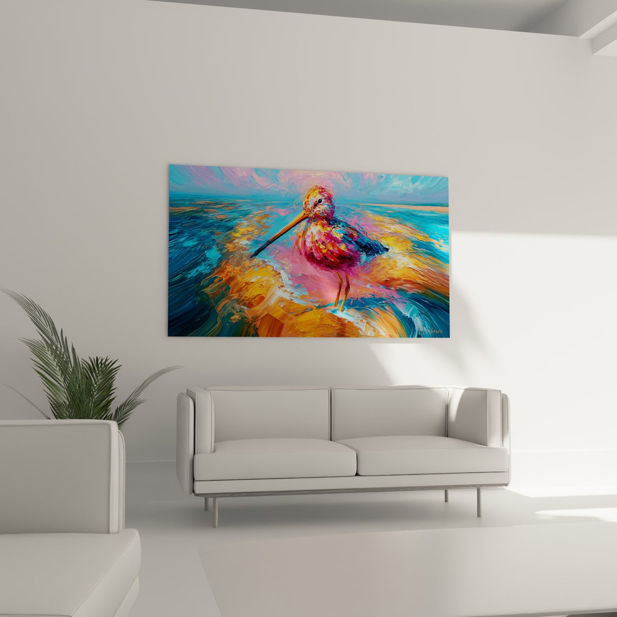 Oiseau coloré doré et fuchsia debout sur le sable, au-dessus d'un canapé dans un salon lumineux