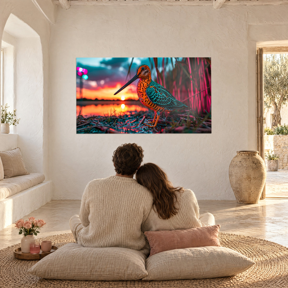 Quadro beccaccia di profilo, becco nero rivolto a sinistra, piume turchesi e arancio, coppia di spalle seduta su cuscini beige