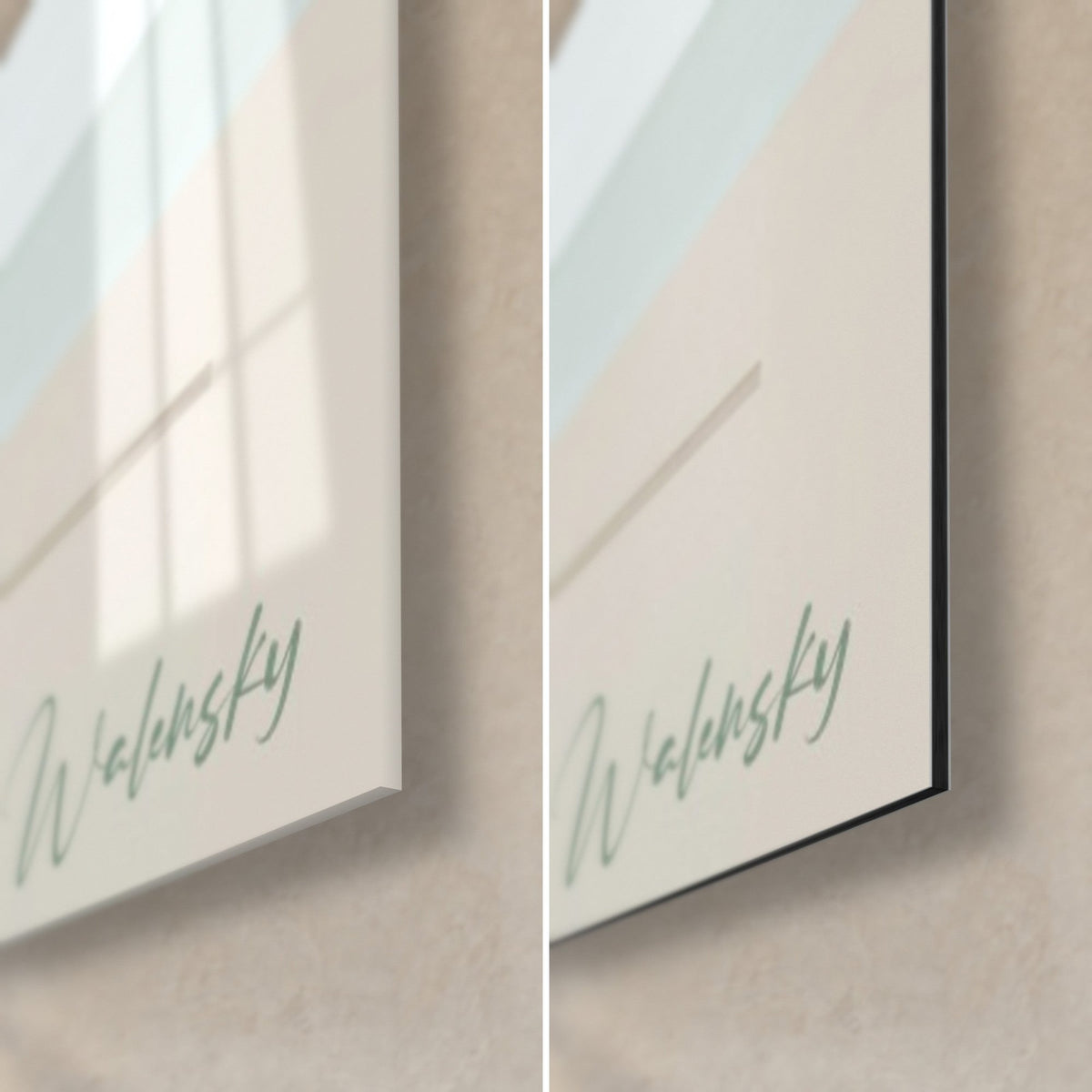 Tableau bécasse ivoire, coin bas droit : verre acrylique brillant aux reflets et Dibond mat noir, signature Walensky verte