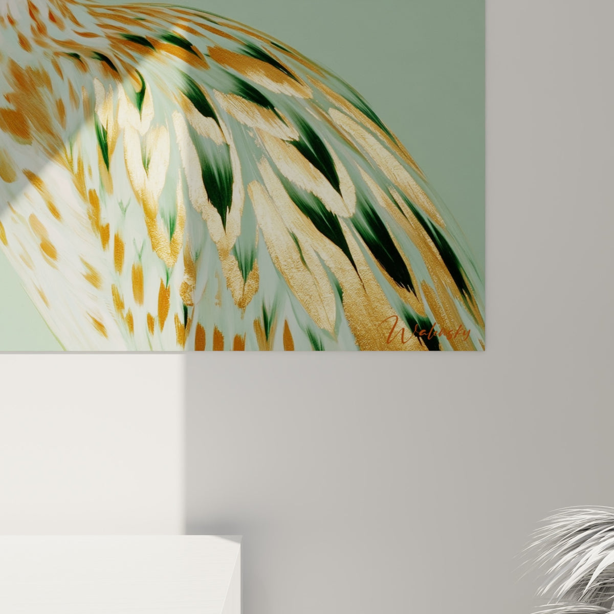 Détail des plumes dorées et vert foncé de la bécasse, empâtements fins et reflets métalliques visibles de près