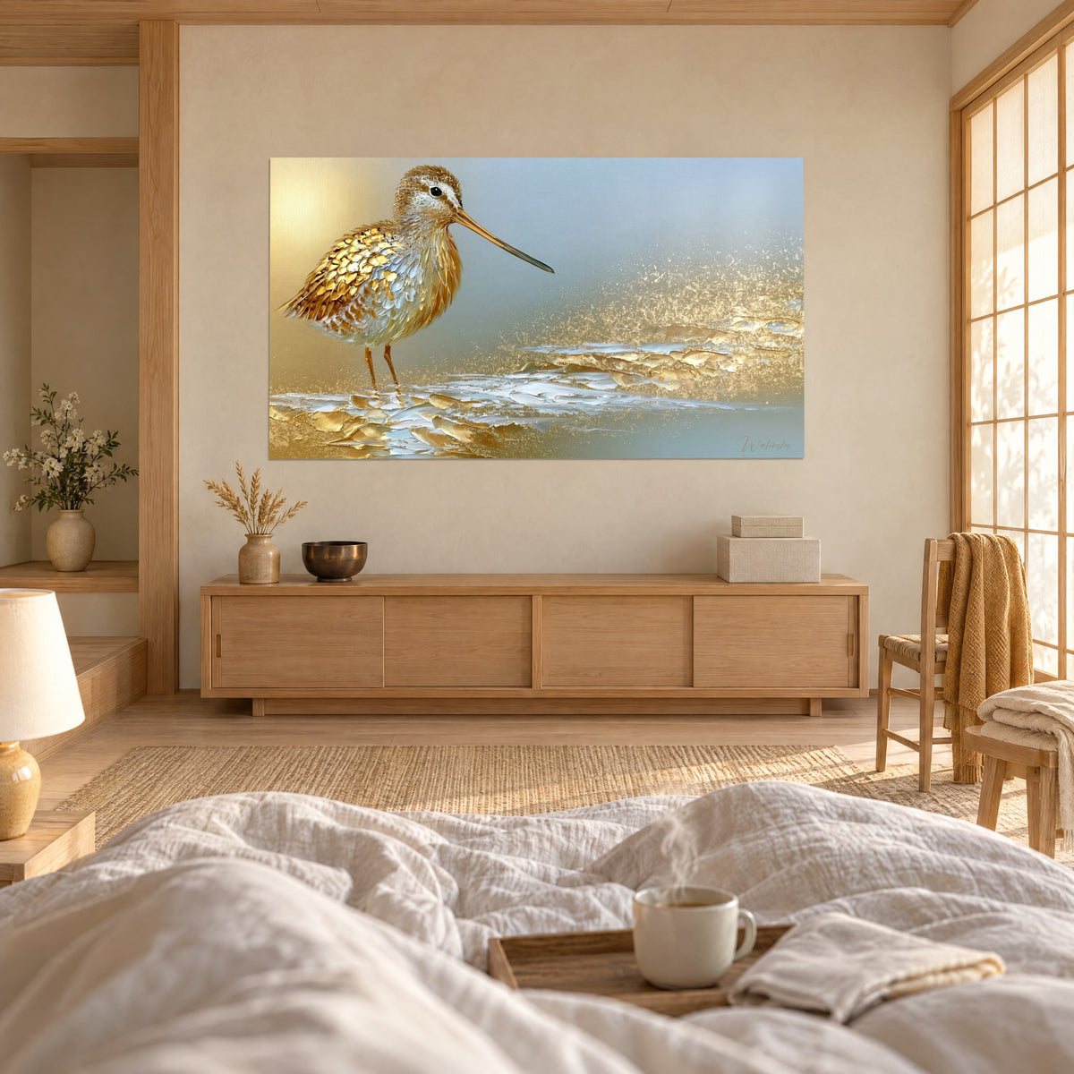 Quadro trampoliere dal becco fine, piume dorate e madreperlacee davanti a un cielo grigio-azzurro, guardato da una donna di spalle sopra un letto in una camera luminosa