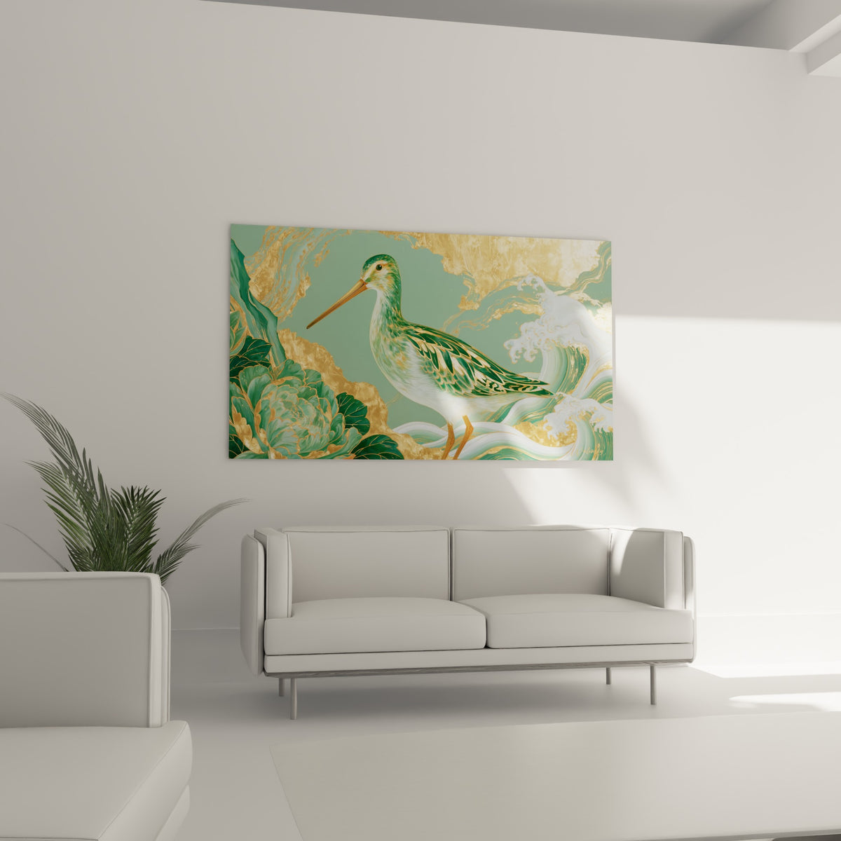 Oiseau élancé au long bec brun, plumage vert et blanc nacré, au-dessus d'un canapé dans un salon lumineux