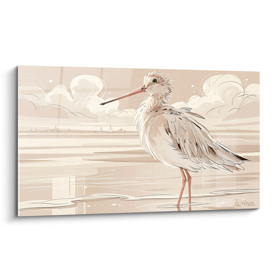 Tableau Bécasse échassier beige et crème sur l'estran - Attente sur l'estran - Edition Bécasse