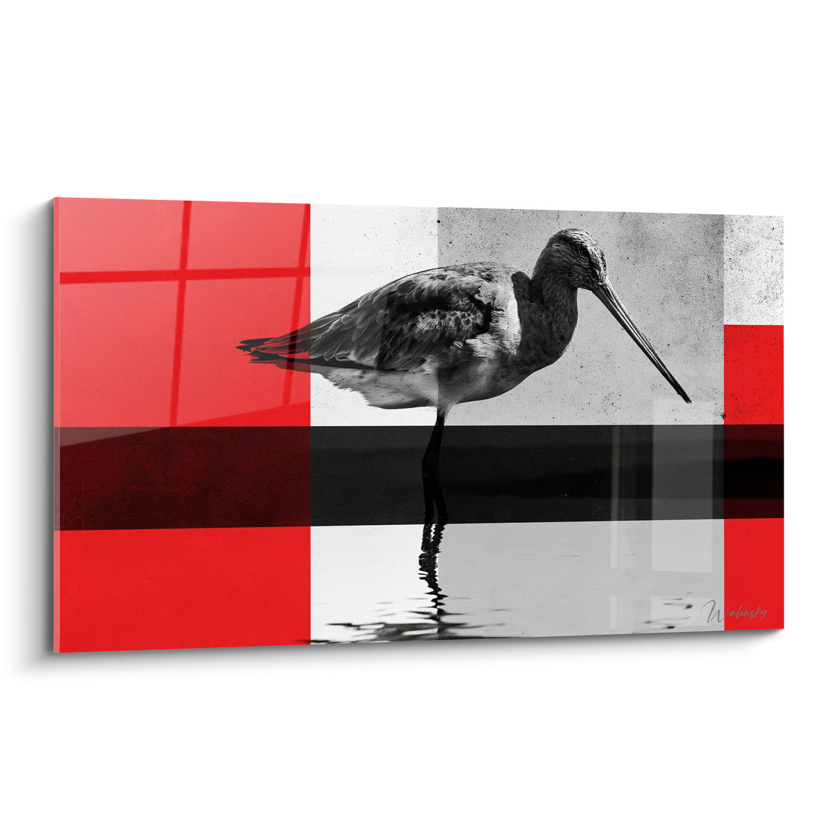 Bécasse au bec effilé en noir et blanc sur fond damier rouge et anthracite graphique